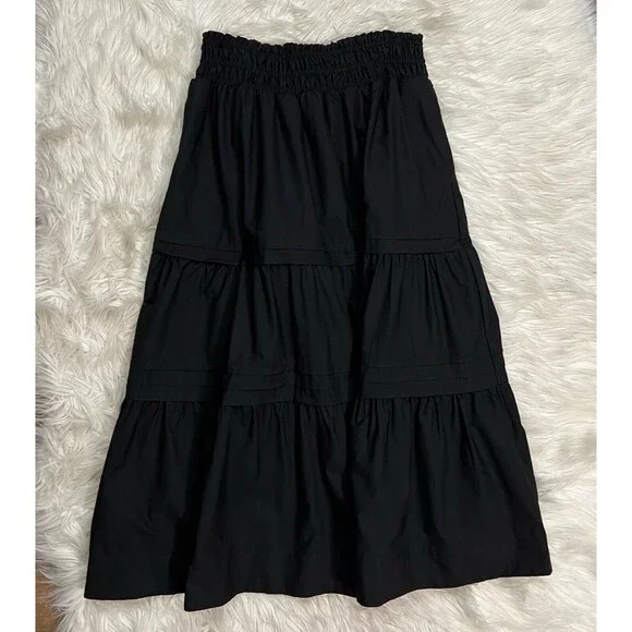 Anthropologie The Somerset Maxi Skirt Tiered Smocked Waist Lined Black SZ LP - Picture 2 of 11